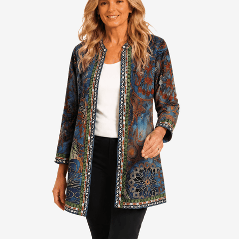 Patrice Art-Print Open-Front Jacket with Embellished Trim