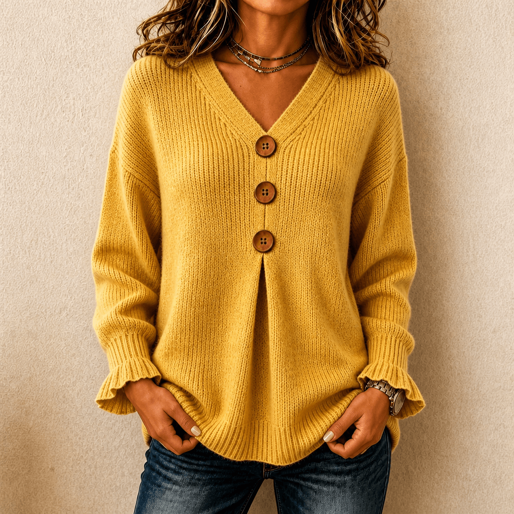 Vessa Ribbed V-Neck Button Detail Women's Knitted Jumper