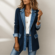 Ribbed Knit Longline Cardigan Coat with Denim Panel Detail