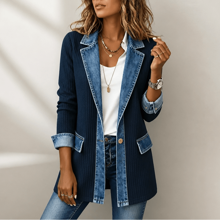 Ribbed Knit Longline Cardigan Coat with Denim Panel Detail