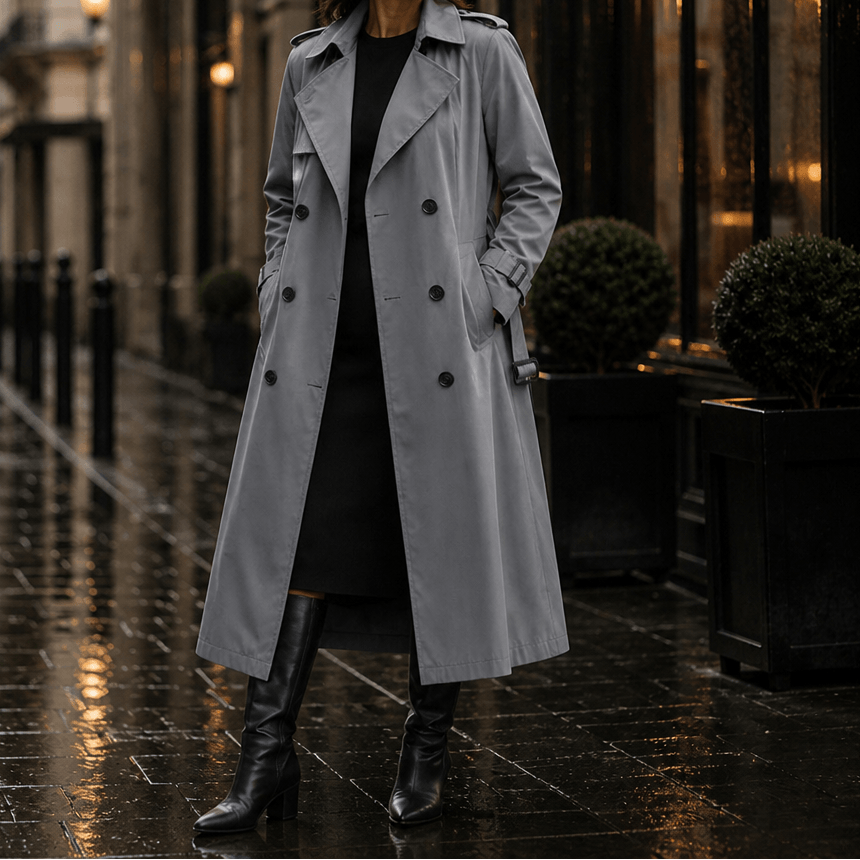 Mayfield Double-Breasted Belted Long Trench Coat with Tailored Waist for Women