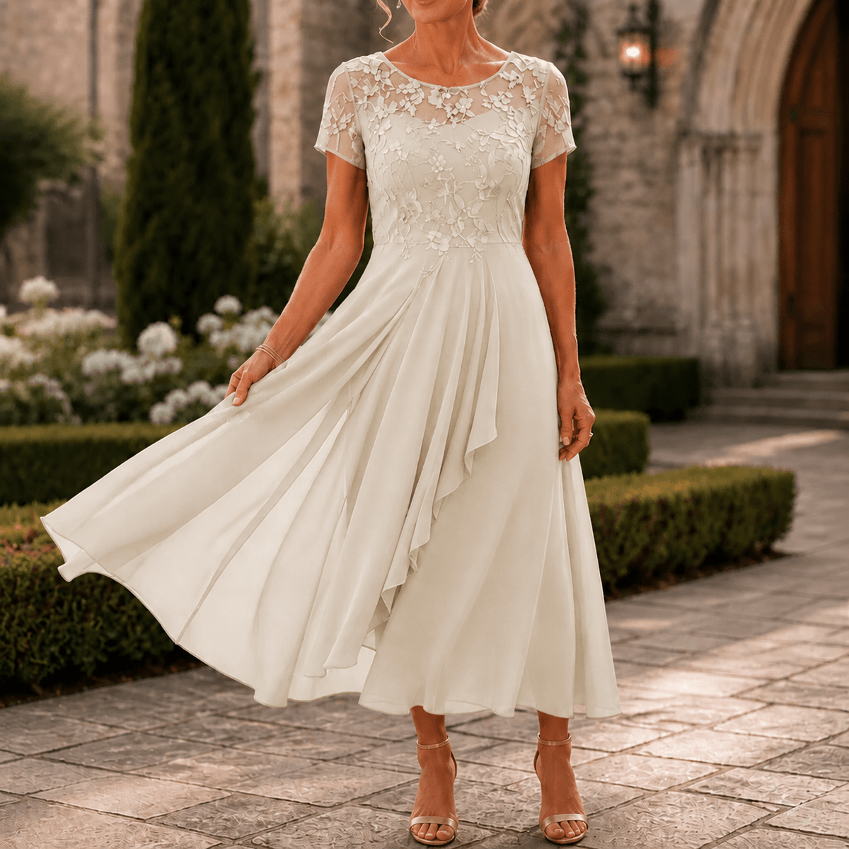 Lace Bodice Chiffon Women's Midi Dress with Ruffle Skirt