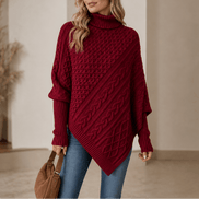 Women's Cable-Knit Turtleneck Poncho Jumper with Ribbed Trim