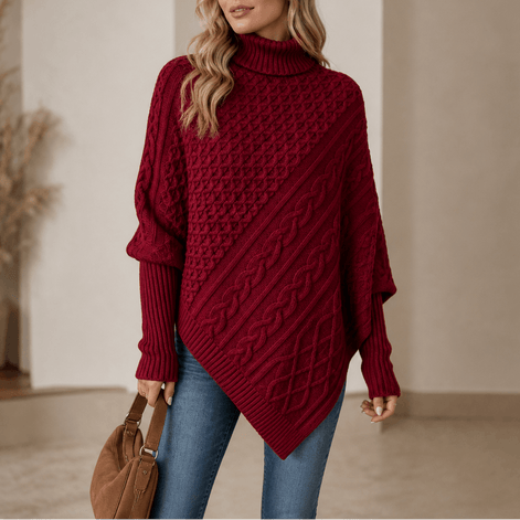 Women's Cable-Knit Turtleneck Poncho Jumper with Ribbed Trim