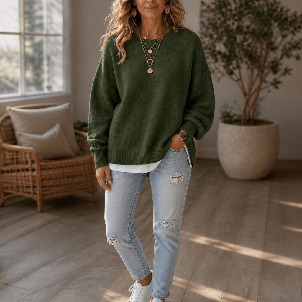 Women's Drop-Shoulder Lantern Sleeve Chunky Knitted Jumper with Side Slits
