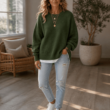 Women's Drop-Shoulder Lantern Sleeve Chunky Knitted Jumper with Side Slits