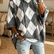 Women's Hooded Argyle Batwing Poncho Knitted Jumper with Relaxed Fit