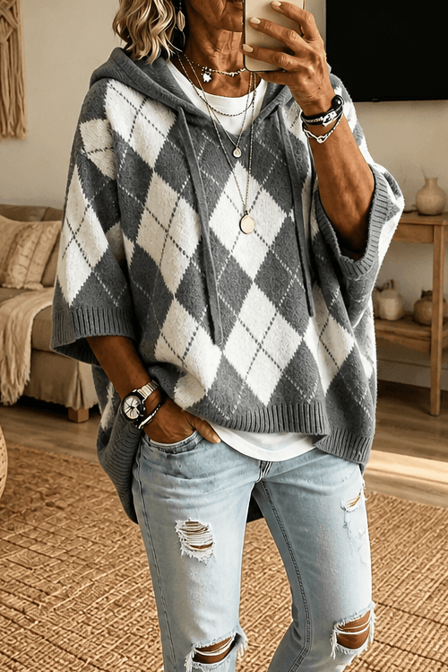 Women's Hooded Argyle Batwing Poncho Knitted Jumper with Relaxed Fit