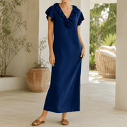 Ruffled V-Neck Maxi Dress with Hidden Pockets for Women