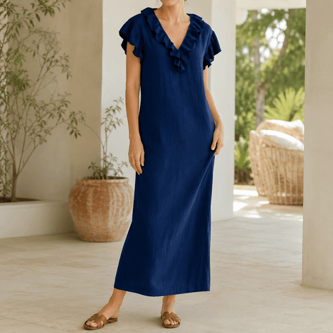 Ruffled V-Neck Maxi Dress with Hidden Pockets for Women