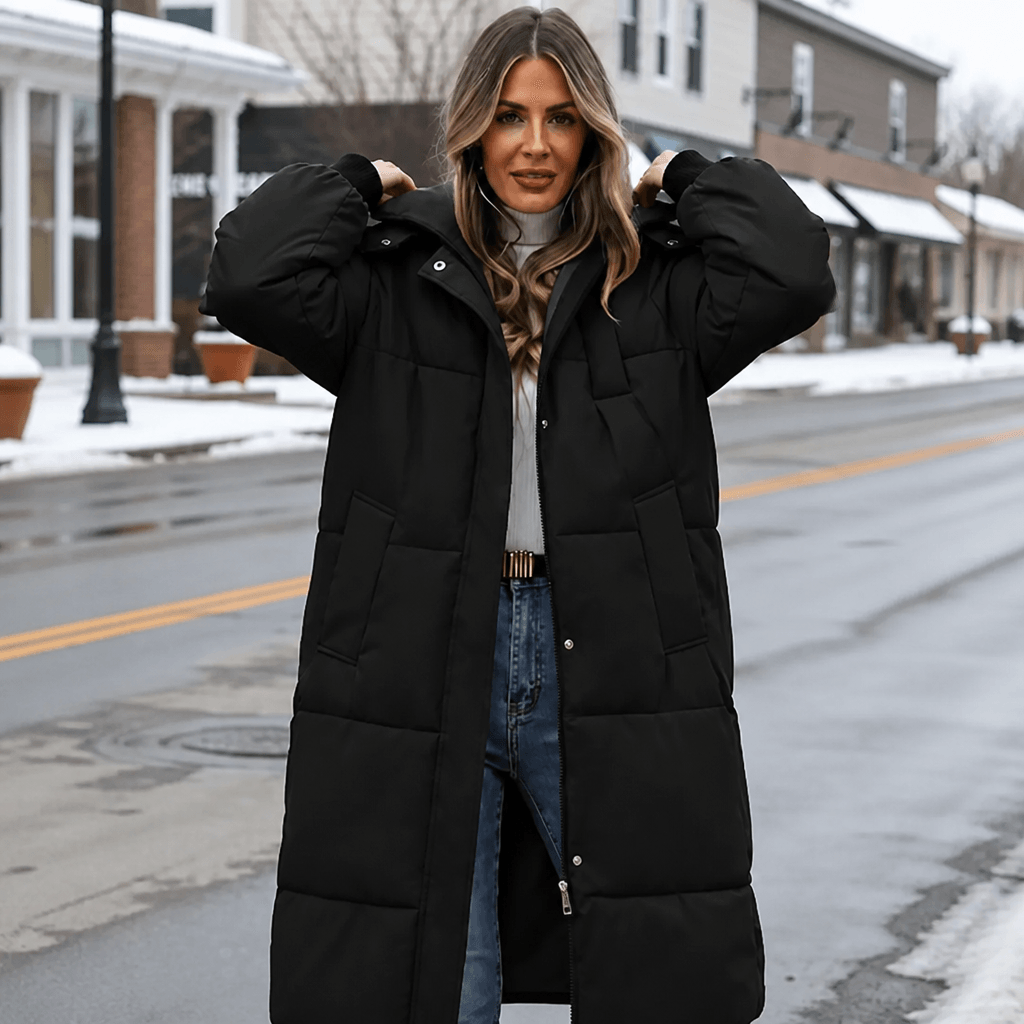 Women's Long Hooded Quilted Puffer Jacket with Pockets in Polyester