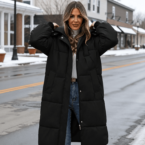 Women's Long Hooded Quilted Puffer Jacket with Pockets in Polyester