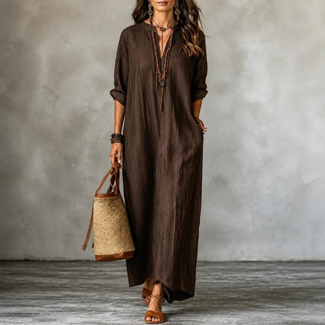 Vestara Striped V-Neck Maxi Dress with Pockets and Long Sleeves