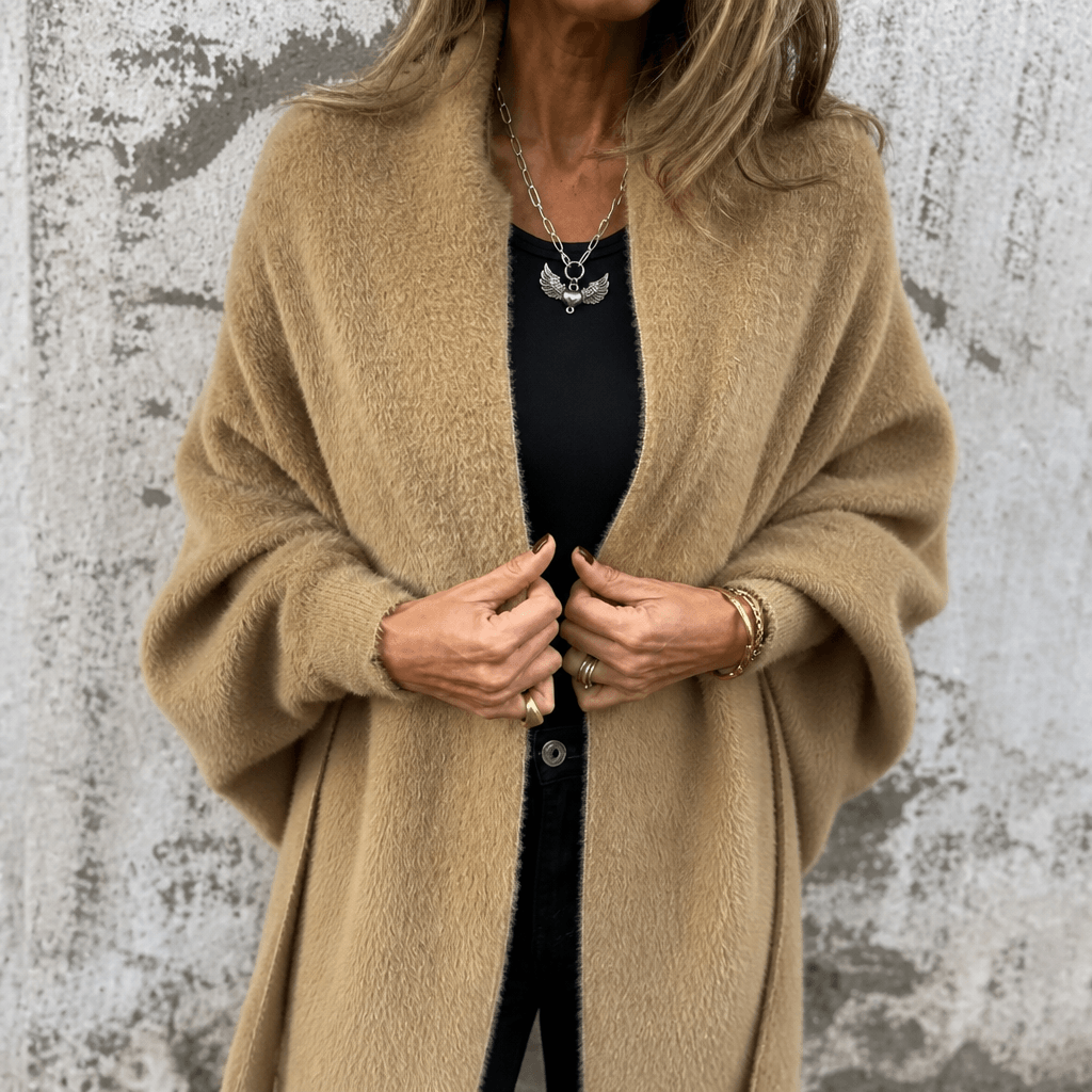 Fringe-Trim Draped Shawl Collar Open-Front Wool Winter Coat for Women