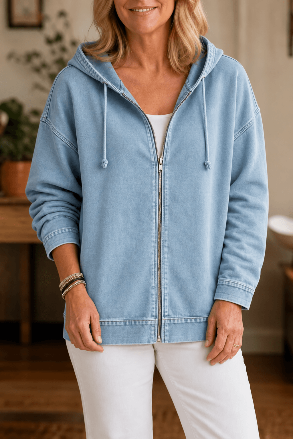 Women's Washed Relaxed Zip-Up Hoodie Jacket with Lined Hood