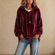 Ruffle Cuff Velvet Hoodie with Dropped Shoulder for Women