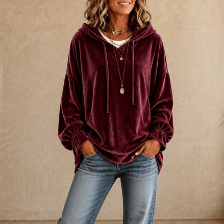Ruffle Cuff Velvet Hoodie with Dropped Shoulder for Women