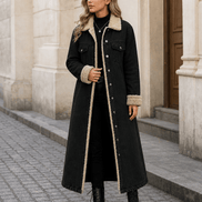 Denora Sherpa-Lined Full-Length Denim Coat with Lapel Collar