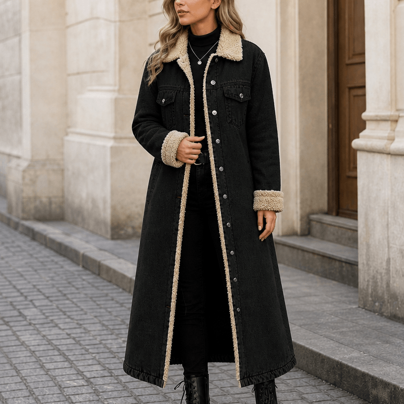 Denora Sherpa-Lined Full-Length Denim Coat with Lapel Collar
