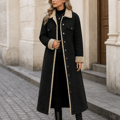 Denora Sherpa-Lined Full-Length Denim Coat with Lapel Collar
