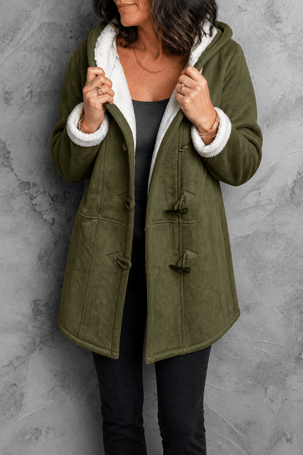 Women's Hooded Faux Suede Toggle Coat with Plush Sherpa Lining