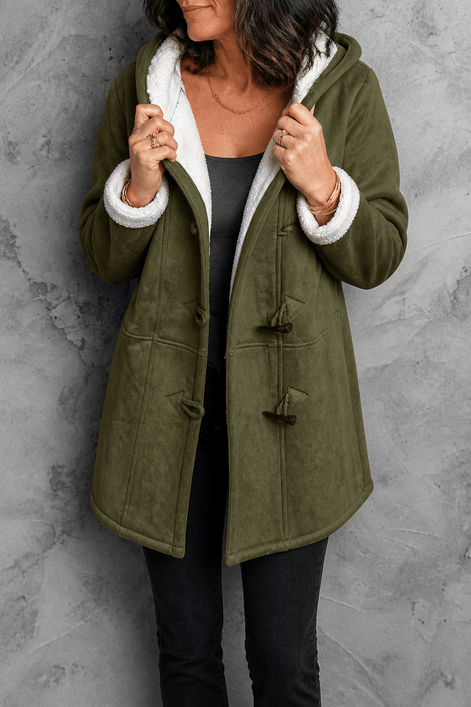 Women's Hooded Faux Suede Toggle Coat with Plush Sherpa Lining