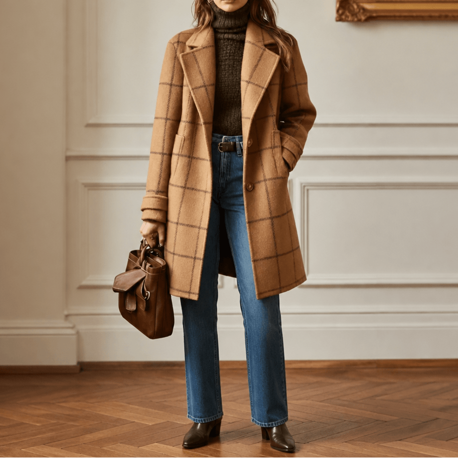 Women's Oversized Plaid Wool-Look Coat with Two-Button Front