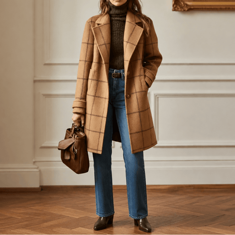 Women's Oversized Plaid Wool-Look Coat with Two-Button Front