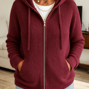 Women's Ribbed Zip-Up Hooded Cardigan with Drawstring Hood
