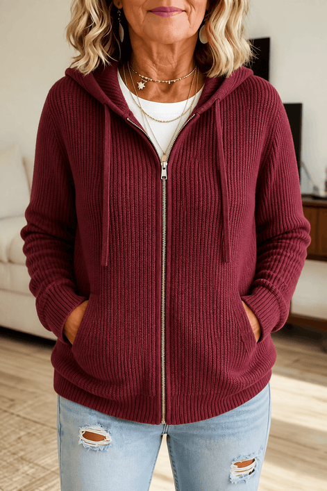 Women's Ribbed Zip-Up Hooded Cardigan with Drawstring Hood