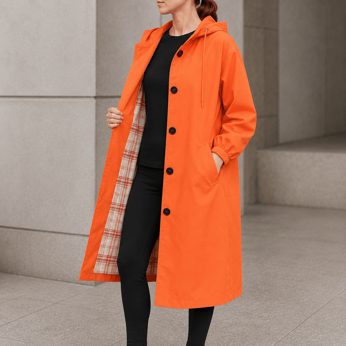 Hooded Midi Coat with Drawstring Waist for Women