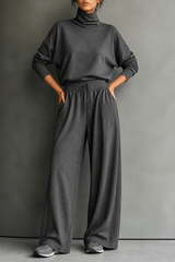 Women's Turtleneck Knitted Jumper and Wide-Leg Trousers Lounge Set