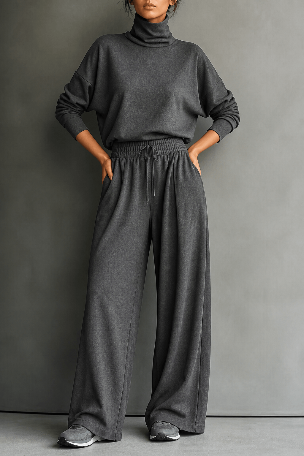 Women's Turtleneck Knitted Jumper and Wide-Leg Trousers Lounge Set