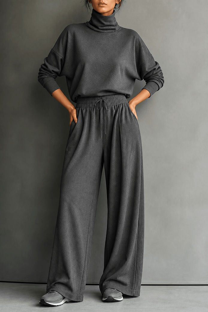 Women's Turtleneck Knitted Jumper and Wide-Leg Trousers Lounge Set