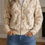 Botanical Print Zip-Up Knit Cardigan with Ribbed Trim