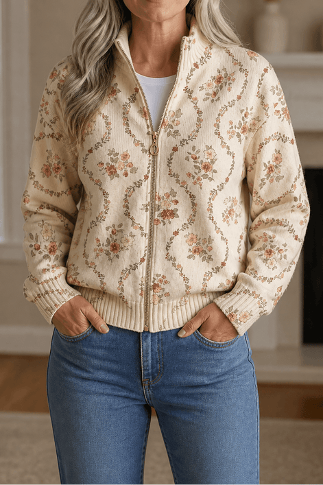 Botanical Print Zip-Up Knit Cardigan with Ribbed Trim