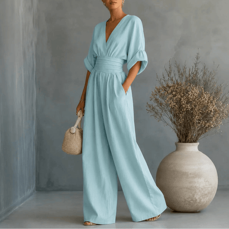 Wide Leg V-Neck Jumpsuit with Pleated Waist Sash for Women