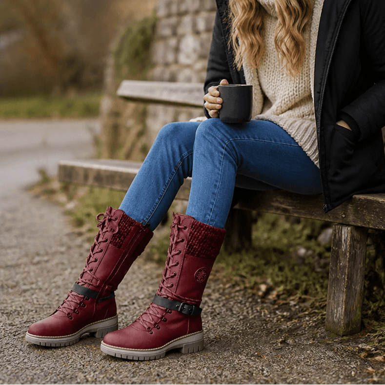Women's Knit-Cuff Lace-Up Winter Boots with Buckle Strap