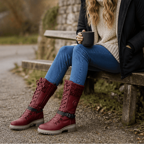 Women's Knit-Cuff Lace-Up Winter Boots with Buckle Strap