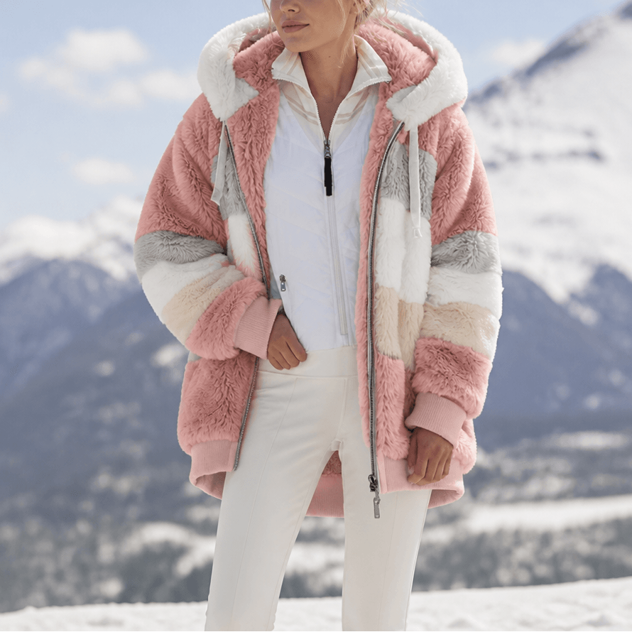 Women's Oversized Faux Fur Color-Block Hooded Coat