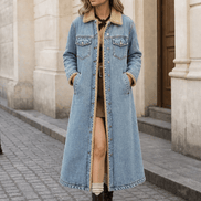 Denora Sherpa-Lined Full-Length Denim Coat with Lapel Collar