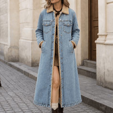 Denora Sherpa-Lined Full-Length Denim Coat with Lapel Collar