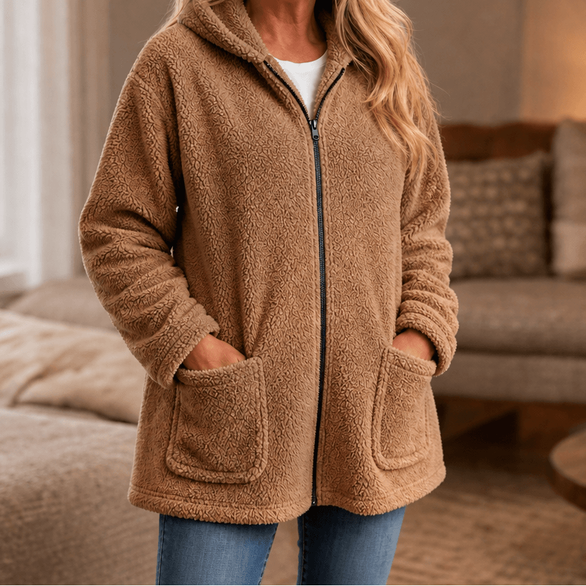 Cozelle Plush Hooded Oversized Fleece Zip-Up Jacket for Women
