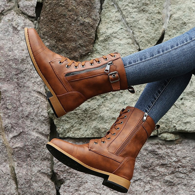 Hazel Lace-Up Combat Boots with Side Zip and Buckle Detail in Faux Leather