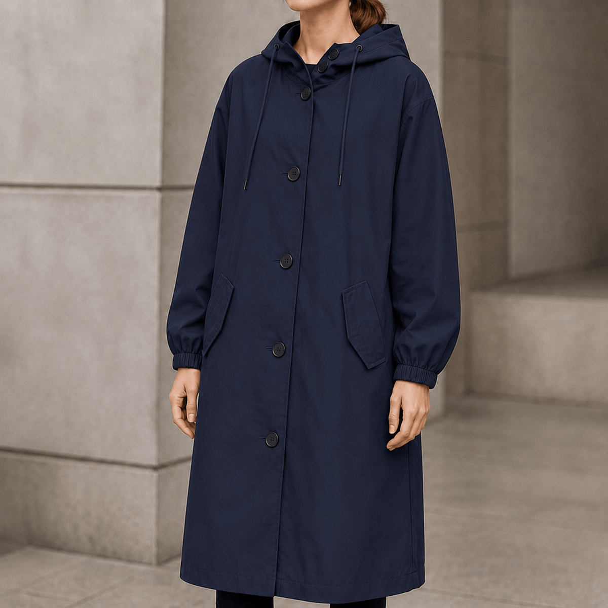 Hooded Midi Coat with Drawstring Waist for Women