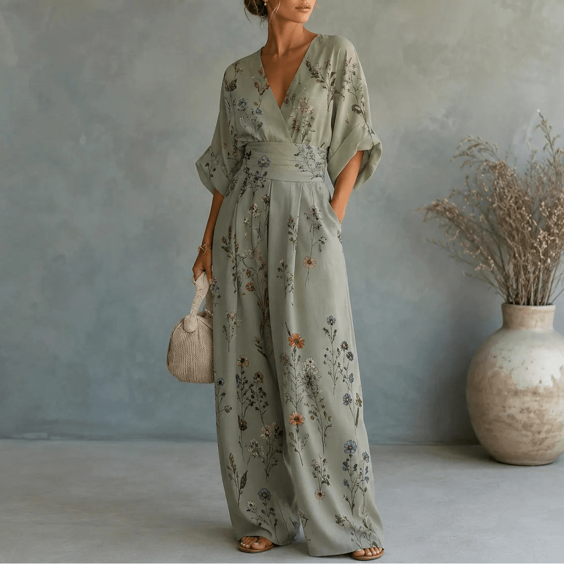 Floral Print Wide-Leg Jumpsuit with Cinched Waist and Pockets