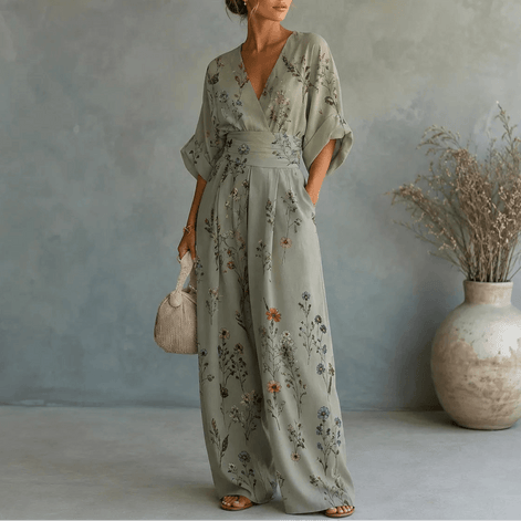 Floral Print Wide-Leg Jumpsuit with Cinched Waist and Pockets