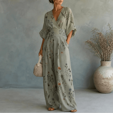 Floral Print Wide-Leg Jumpsuit with Cinched Waist and Pockets