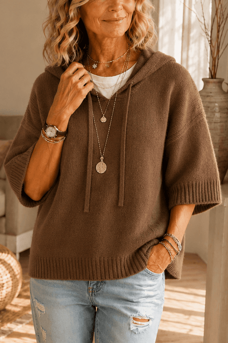 Women's Hooded Knit Jumper with Drawstring and Dropped Shoulders