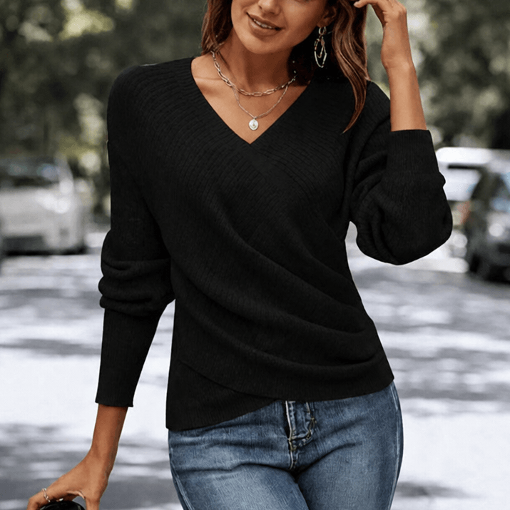 Women's Crossover Wrap V-Neck Knitted Jumper Top